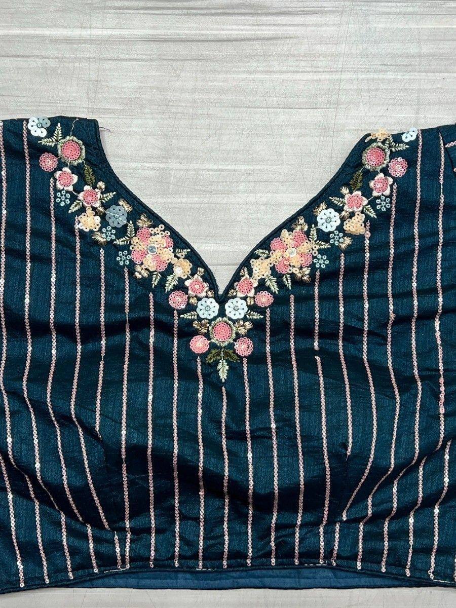Dark blue ethnic blouse with floral embroidery and sequin stripes, perfect for lehenga or saree