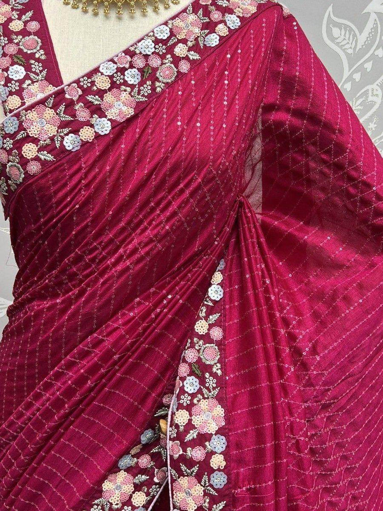 Adorable Pink Sequins Silk Reception Wear Saree With Blouse