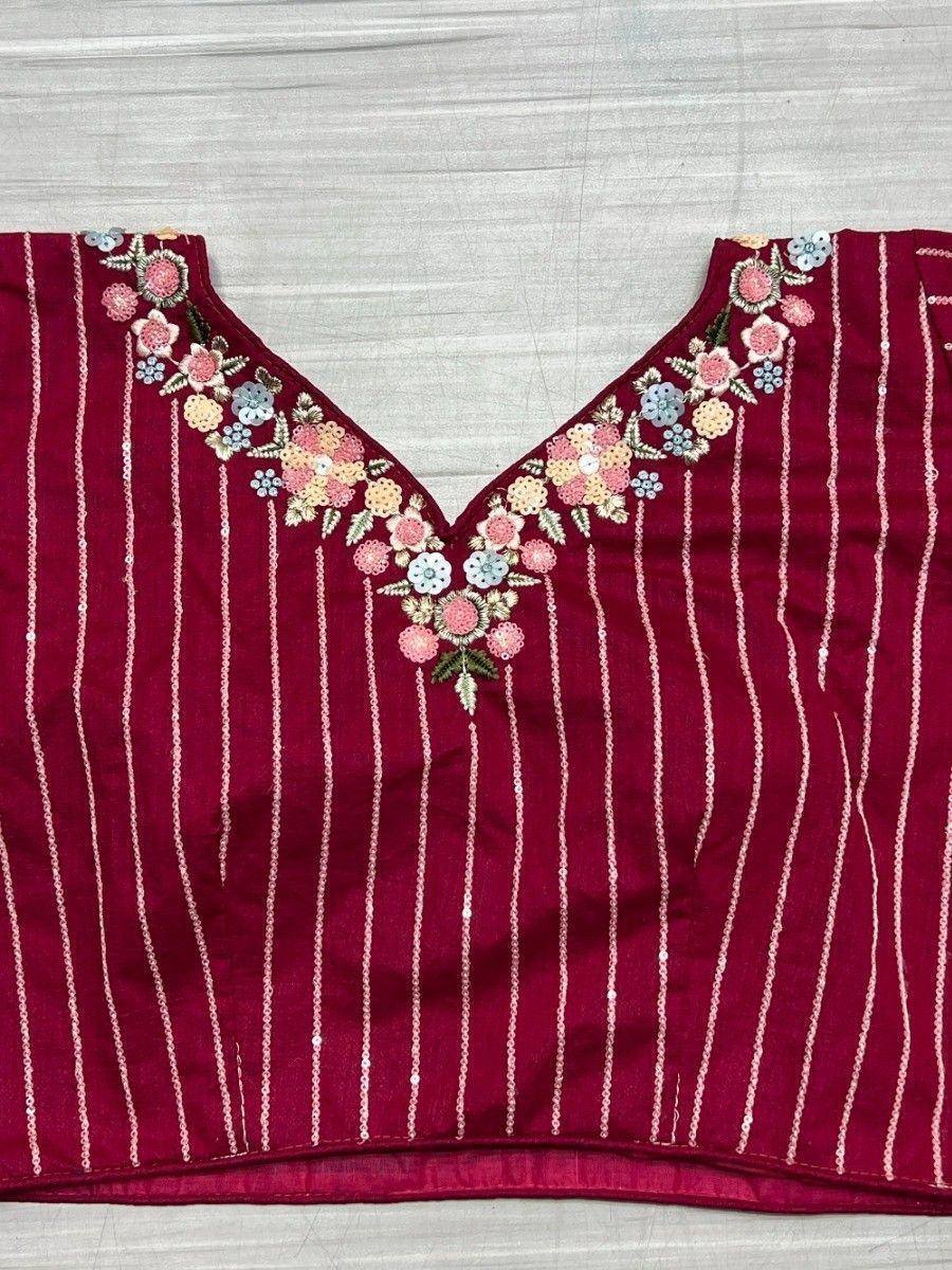 Maroon ethnic blouse with floral embroidery and sequin stripes, perfect for Indian wear