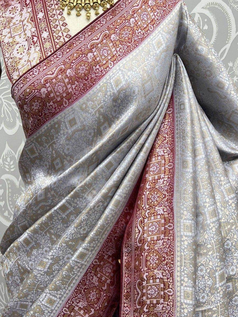 Stunning Grey Zari Woven Kanjivaram Silk Wedding Wear Saree