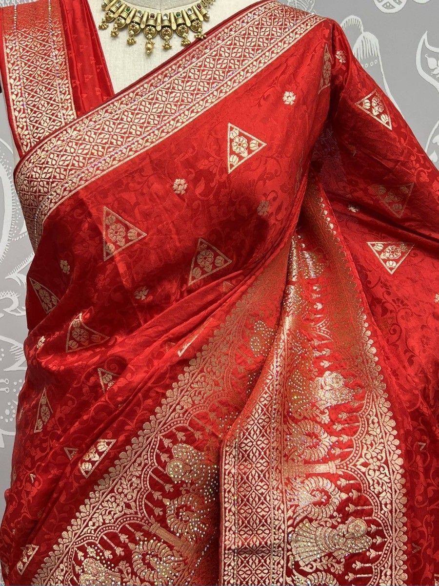 Red Banarasi saree with gold peacock motifs and intricate border, perfect for Indian ethnic wear