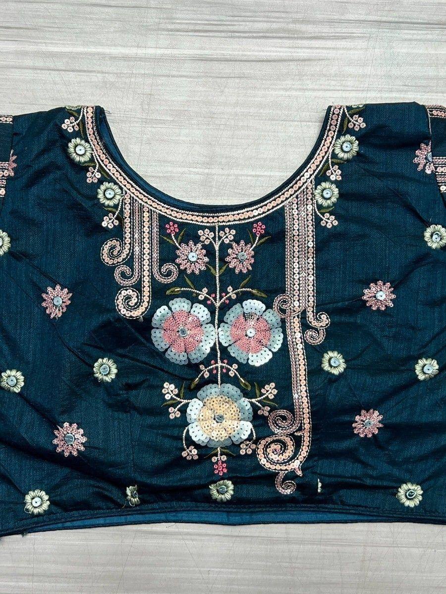 Dark blue embroidered blouse with floral sequin design, perfect for Indian ethnic wear