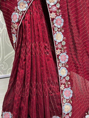 Captivating Red Sequins Silk Party Wear Saree With Blouse