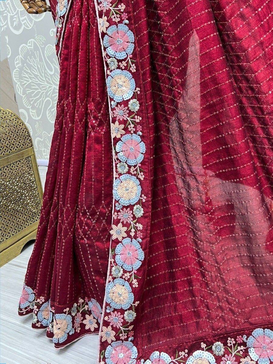 Maroon lehenga with floral embroidery and sheer dupatta, Indian ethnic wear