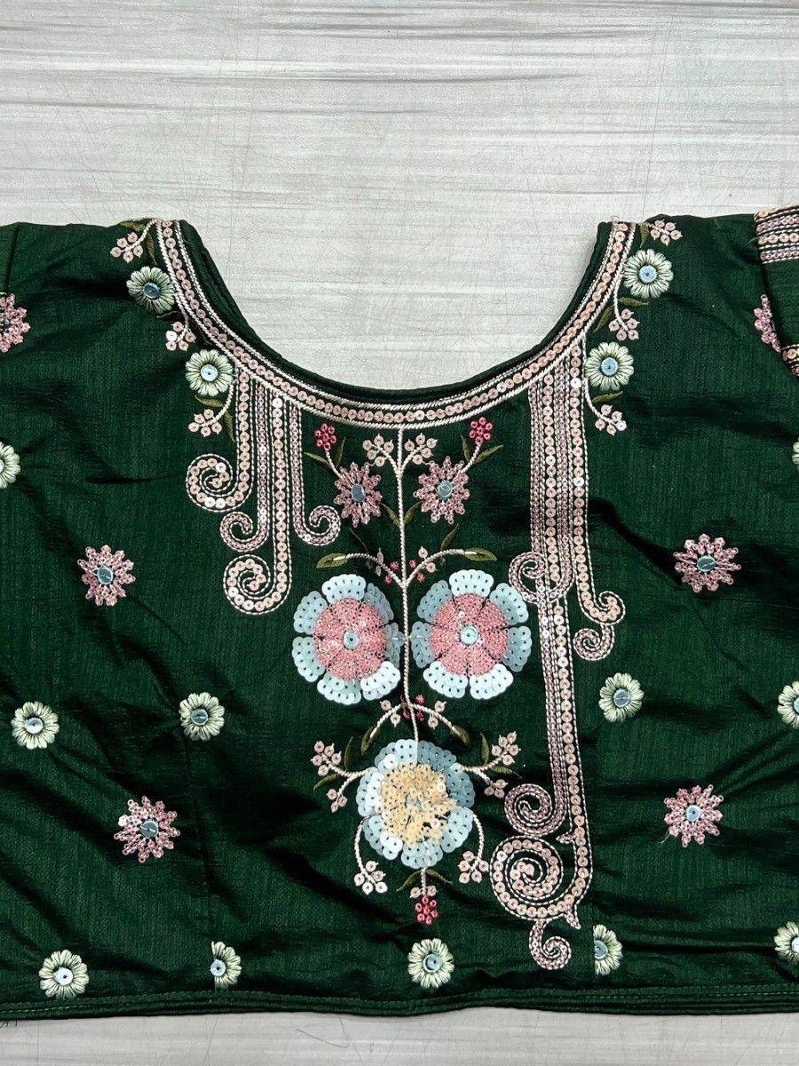 Green ethnic blouse with floral embroidery and sequin detailing, perfect for Indian wear