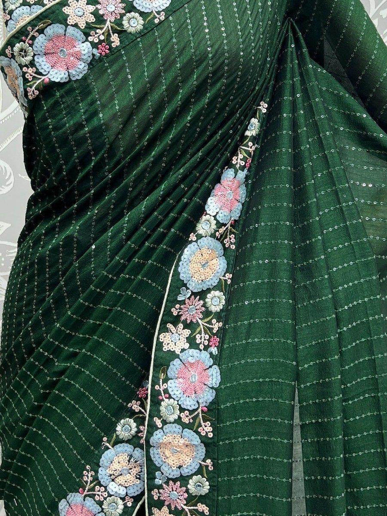 Fascinating Green Sequins Silk Cocktail Party Wear Saree With Blouse