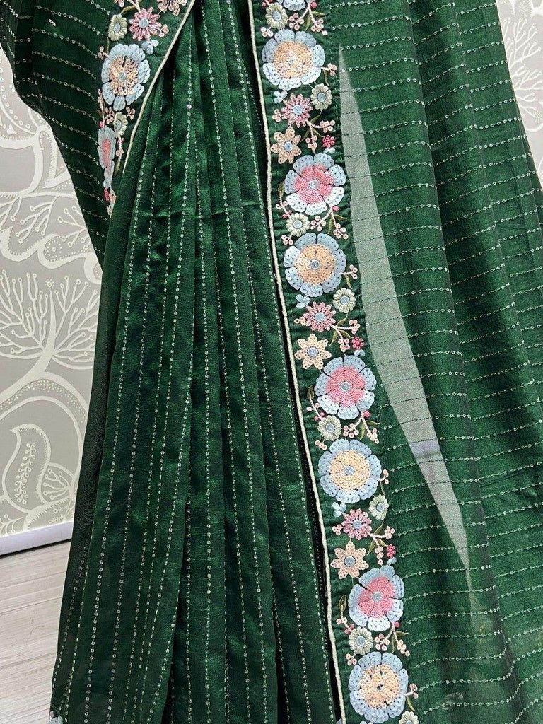 Fascinating Green Sequins Silk Cocktail Party Wear Saree With Blouse