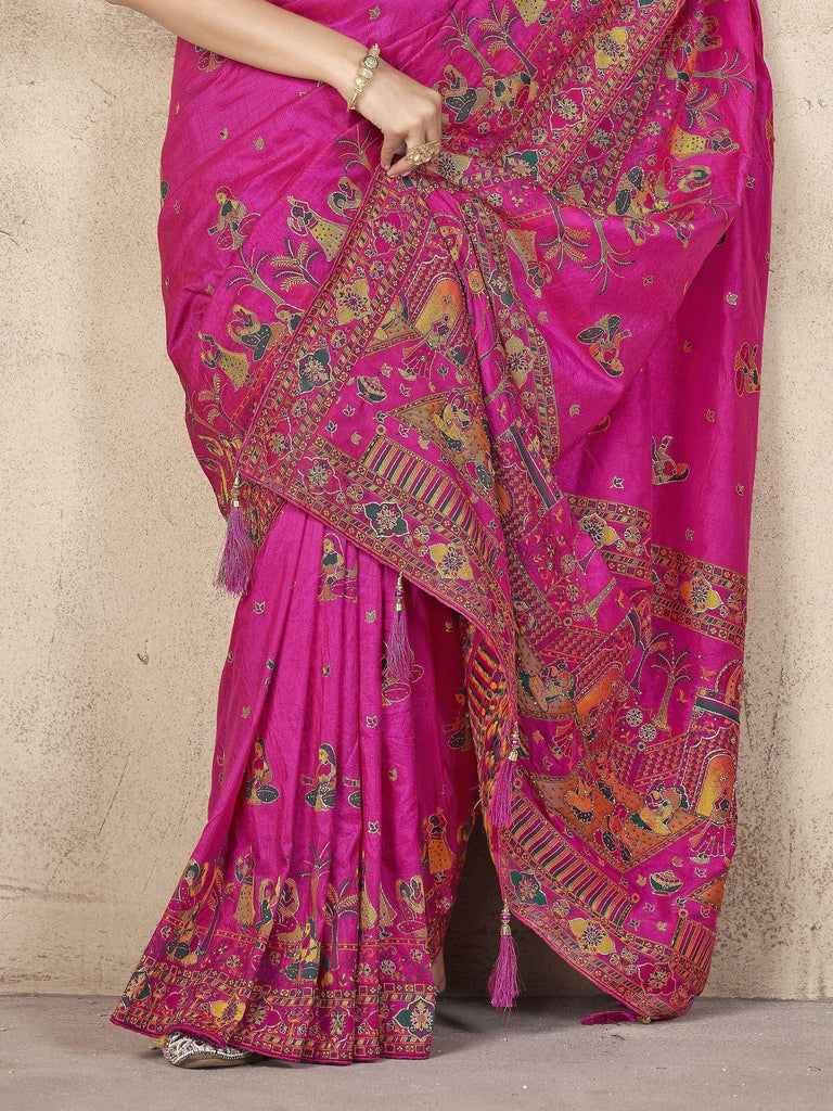 Stunning Rani Pink Zari Weaving Pashmina Silk Saree With Blouse