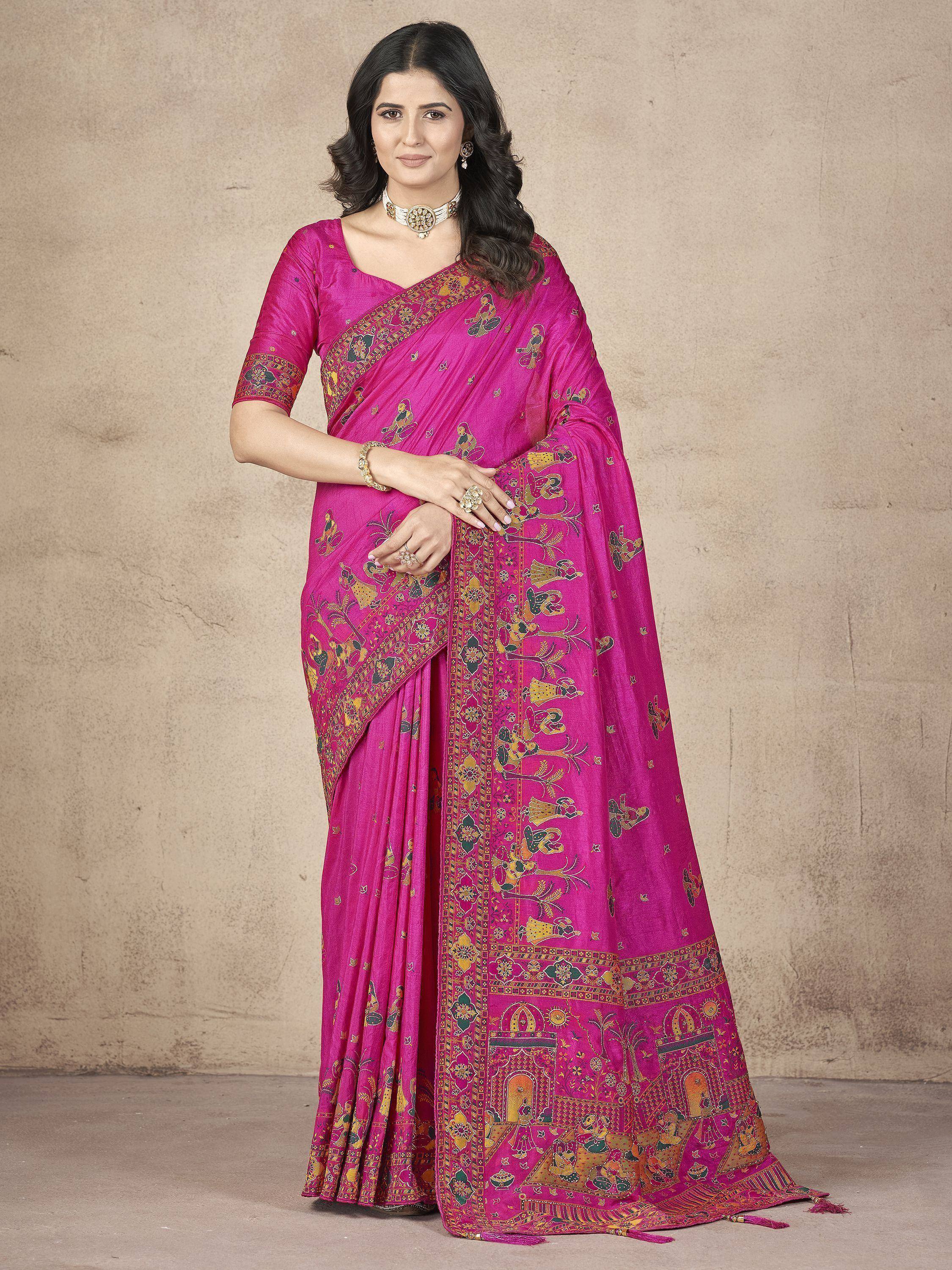 Pink printed saree with traditional motifs, ethnic wear for women