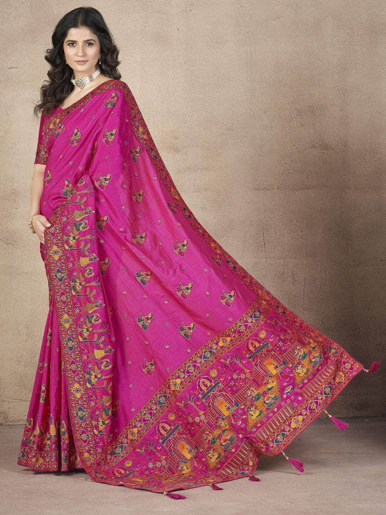 Stunning Rani Pink Zari Weaving Pashmina Silk Saree With Blouse