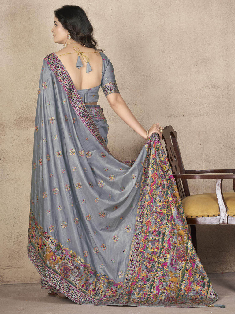 Enchanting Grey Zari Weaving Pashmina Silk Traditional Saree