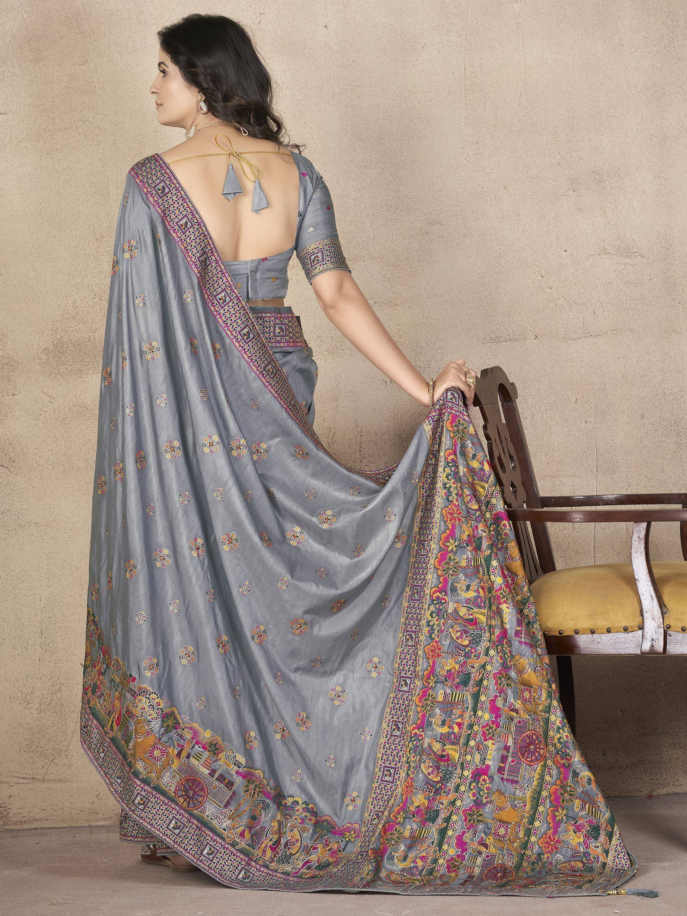 Grey embroidered saree with colorful border, backless blouse, Indian ethnic wear
