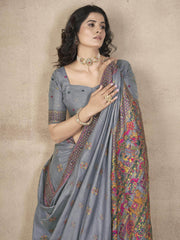 Enchanting Grey Zari Weaving Pashmina Silk Traditional Saree