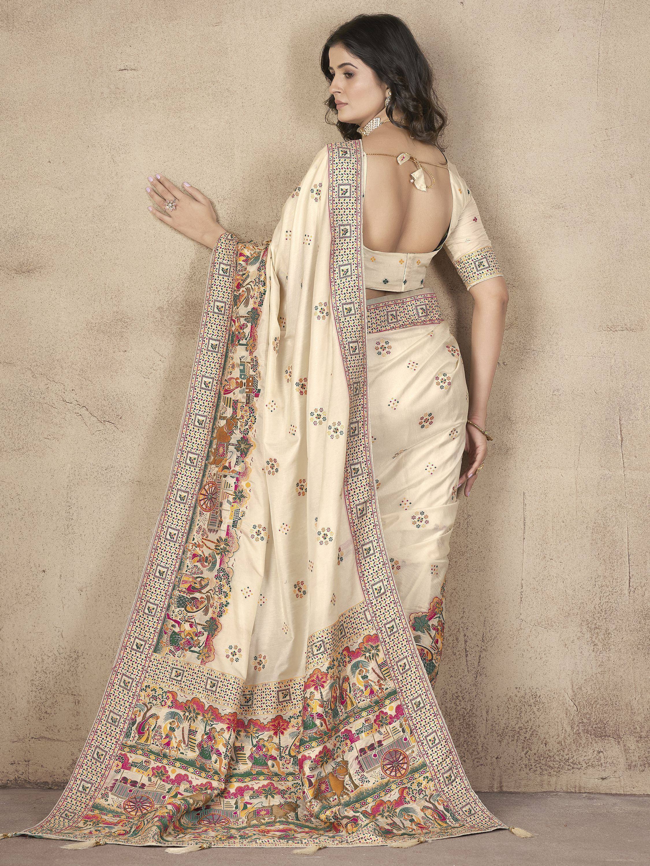 Cream saree with colorful folk art print, backless blouse, ethnic Indian wear