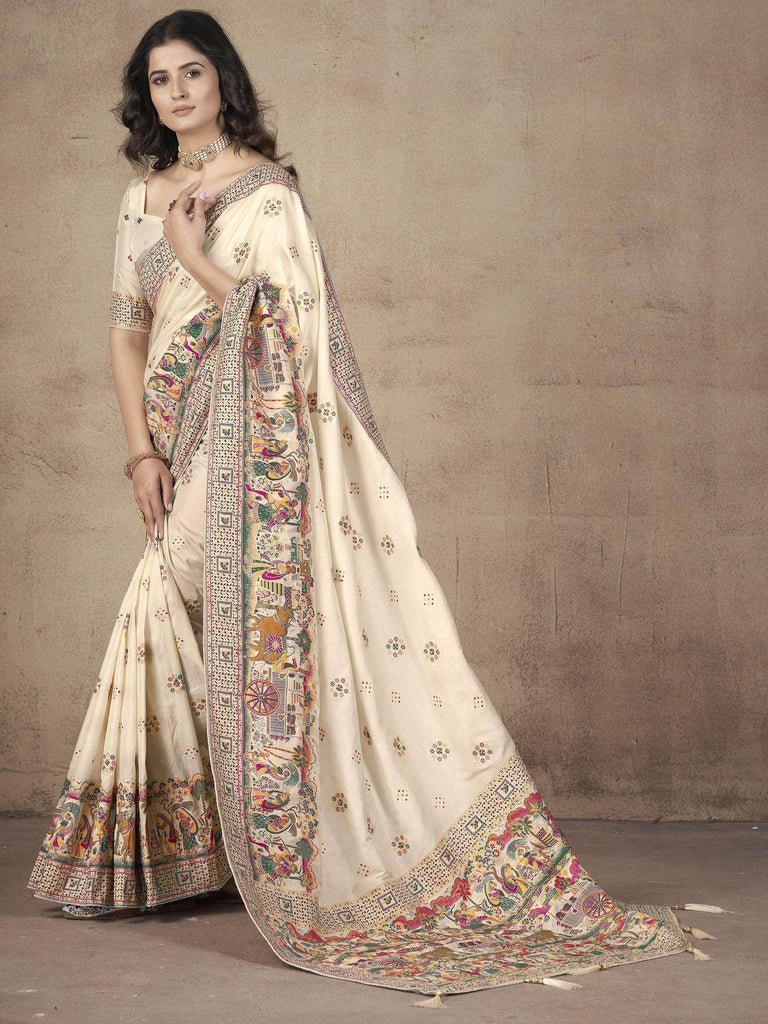 Fascinating Beige Zari Weaving Pashmina Silk Festival Wear Saree