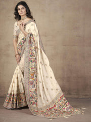 Fascinating Beige Zari Weaving Pashmina Silk Festival Wear Saree