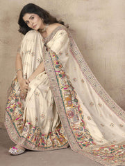 Fascinating Beige Zari Weaving Pashmina Silk Festival Wear Saree