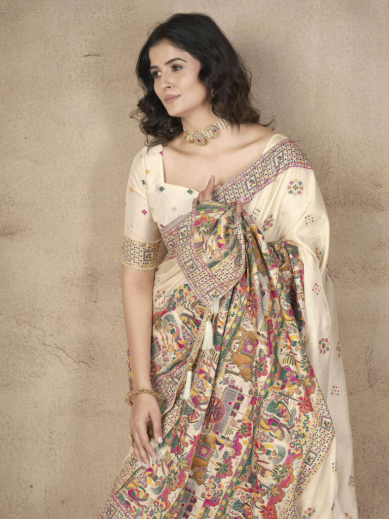 Fascinating Beige Zari Weaving Pashmina Silk Festival Wear Saree