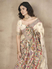 Fascinating Beige Zari Weaving Pashmina Silk Festival Wear Saree