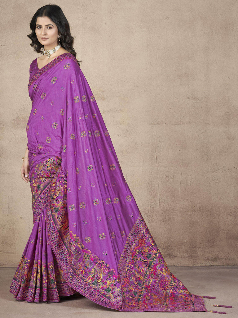 Glamorous Purple Zari Weaving Pashmina Silk Event Wear Saree