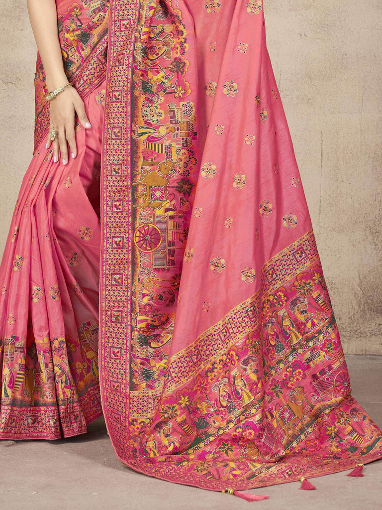 Bewitching Coral Pink Zari Weaving Pashmina Silk Saree With Blouse
