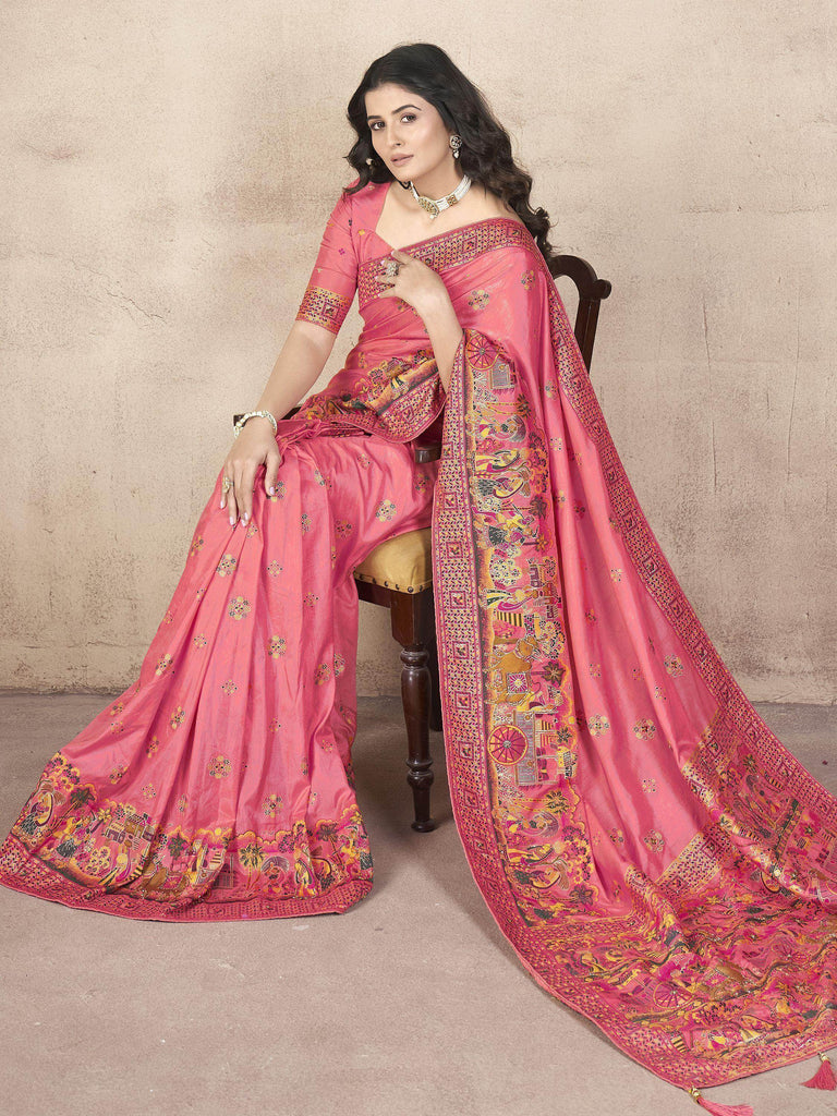 Bewitching Coral Pink Zari Weaving Pashmina Silk Saree With Blouse