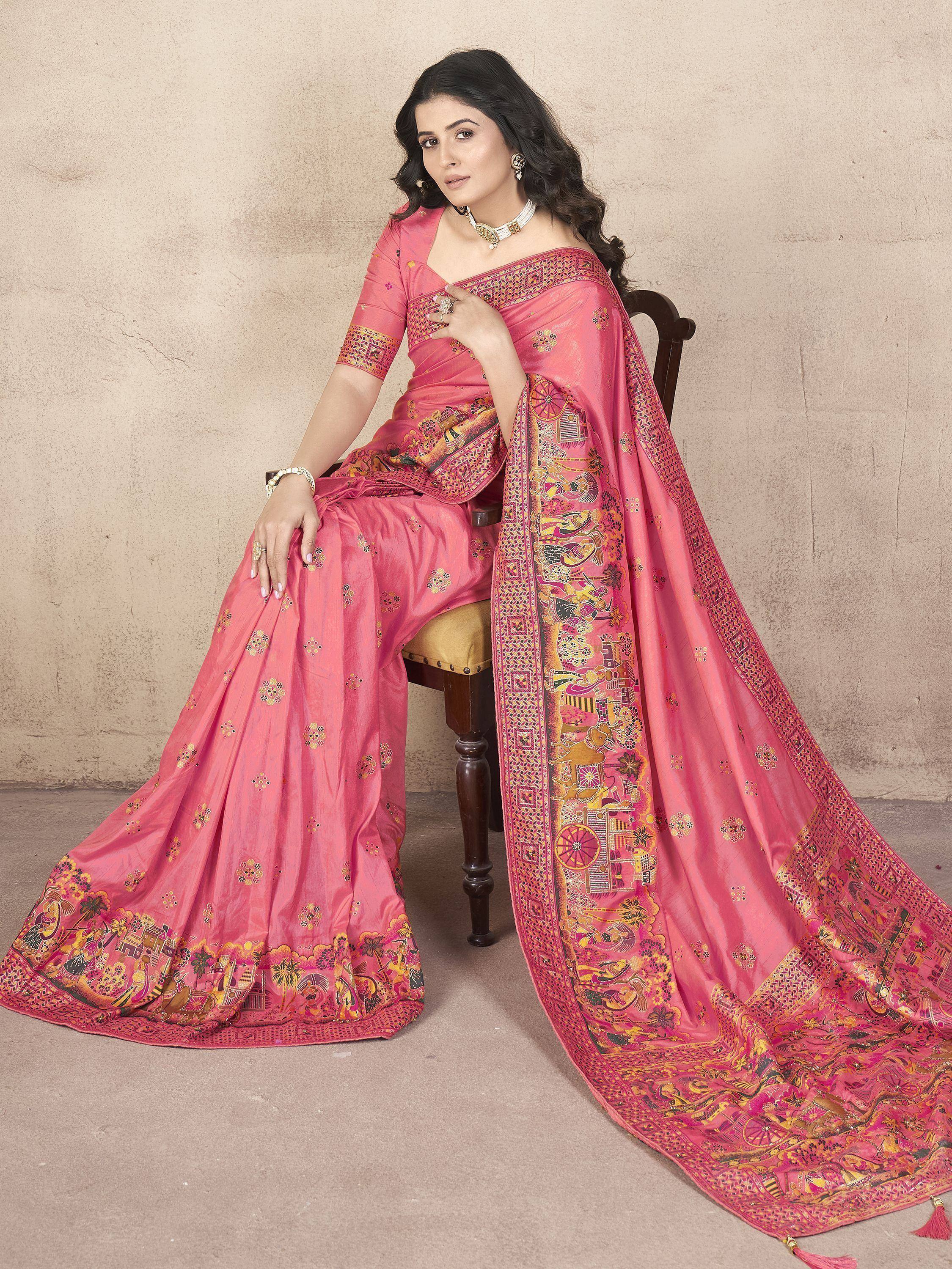 Pink printed saree with traditional motifs, ethnic wear for women, designer Indian saree