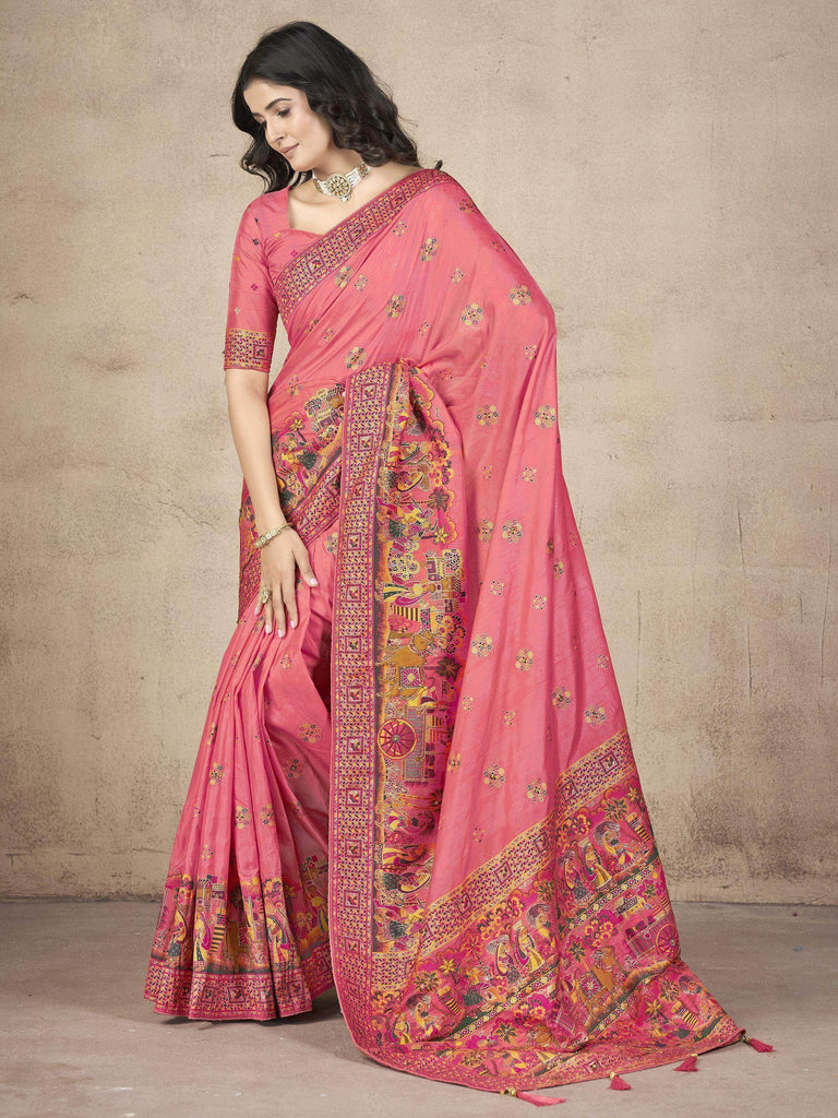 Bewitching Coral Pink Zari Weaving Pashmina Silk Saree With Blouse