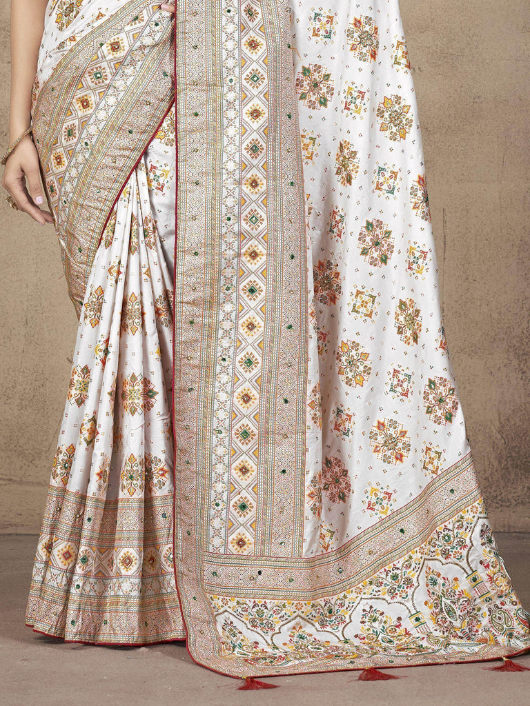 Attractive Off-White Zari Weaving Pashmina Silk Festival Wear Saree