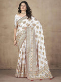 Attractive Off-White Zari Weaving Pashmina Silk Festival Wear Saree