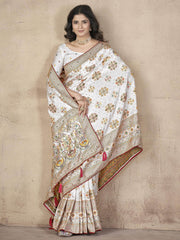 Attractive Off-White Zari Weaving Pashmina Silk Festival Wear Saree