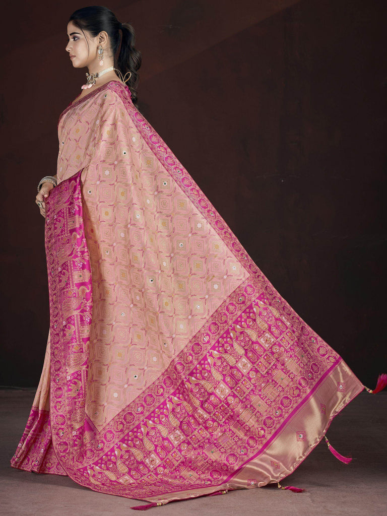 Captivating Peach Zari Weaving Banarasi Silk Wedding Saree With Blouse