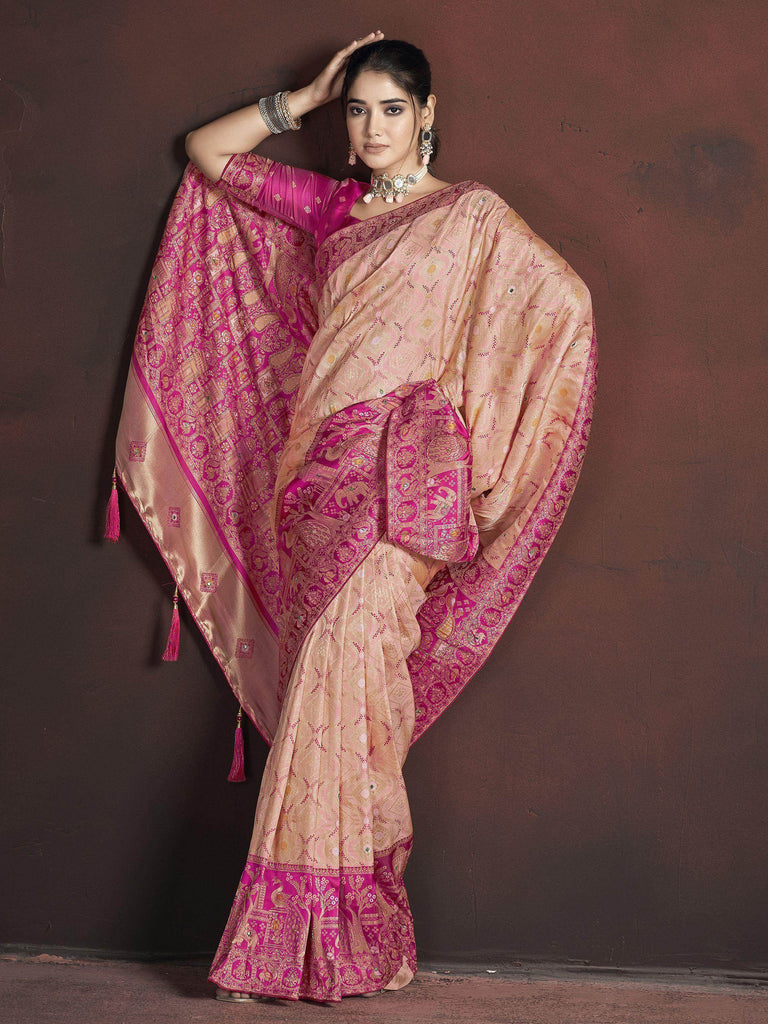 Captivating Peach Zari Weaving Banarasi Silk Wedding Saree With Blouse