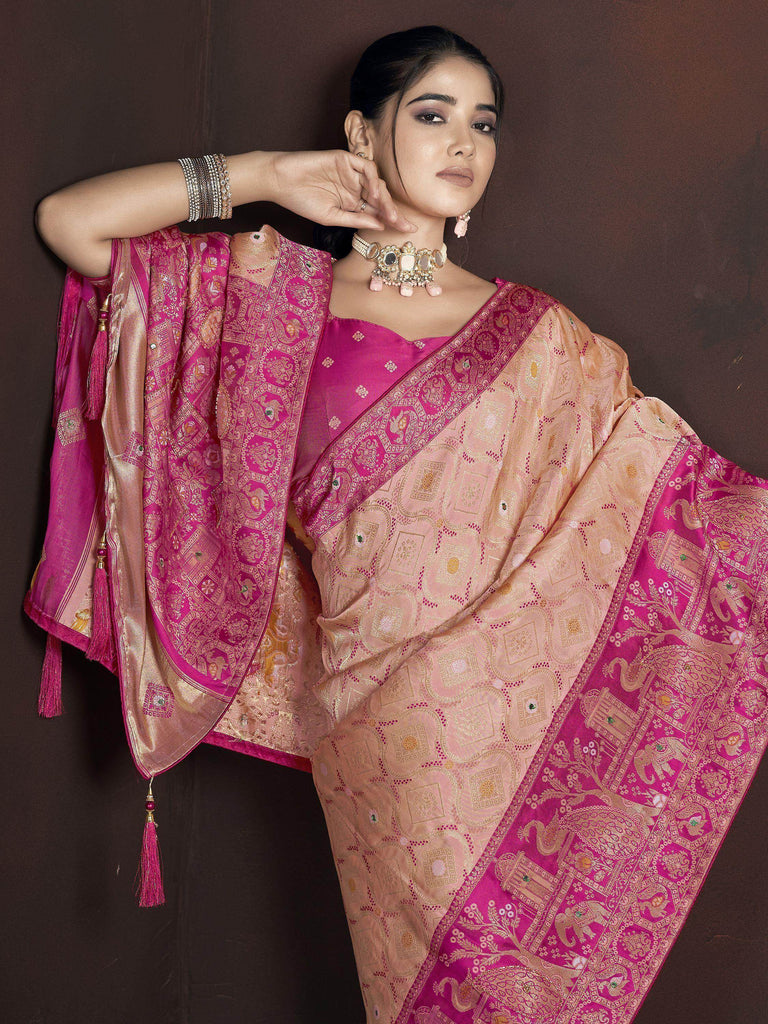 Captivating Peach Zari Weaving Banarasi Silk Wedding Saree With Blouse