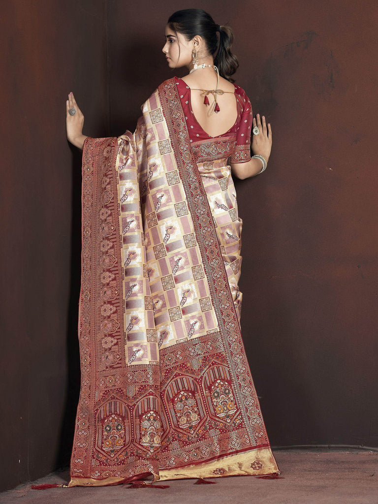 Marvelous Cream & Maroon Zari Weaving Banarasi Silk Saree With Blouse