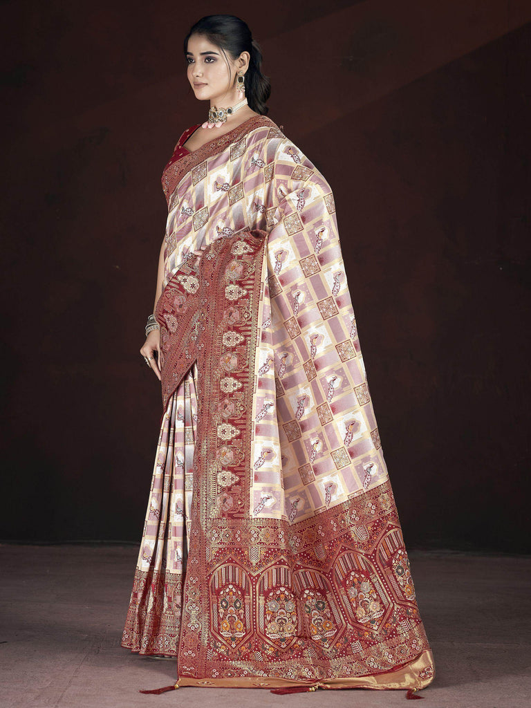 Marvelous Cream & Maroon Zari Weaving Banarasi Silk Saree With Blouse