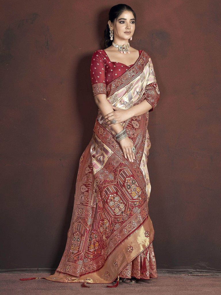 Marvelous Cream & Maroon Zari Weaving Banarasi Silk Saree With Blouse
