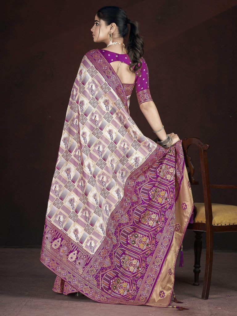 Majestic Cream & Purple Zari Weaving Banarasi Silk Traditional Saree