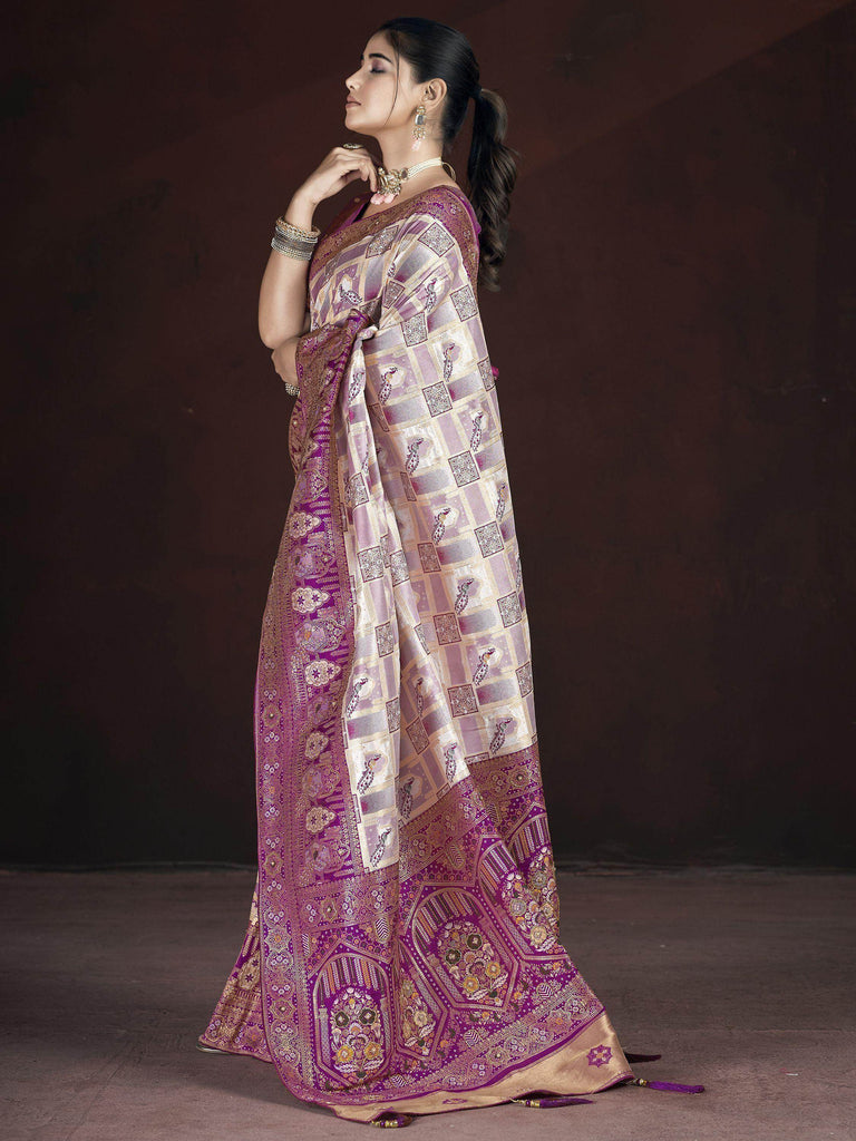 Majestic Cream & Purple Zari Weaving Banarasi Silk Traditional Saree