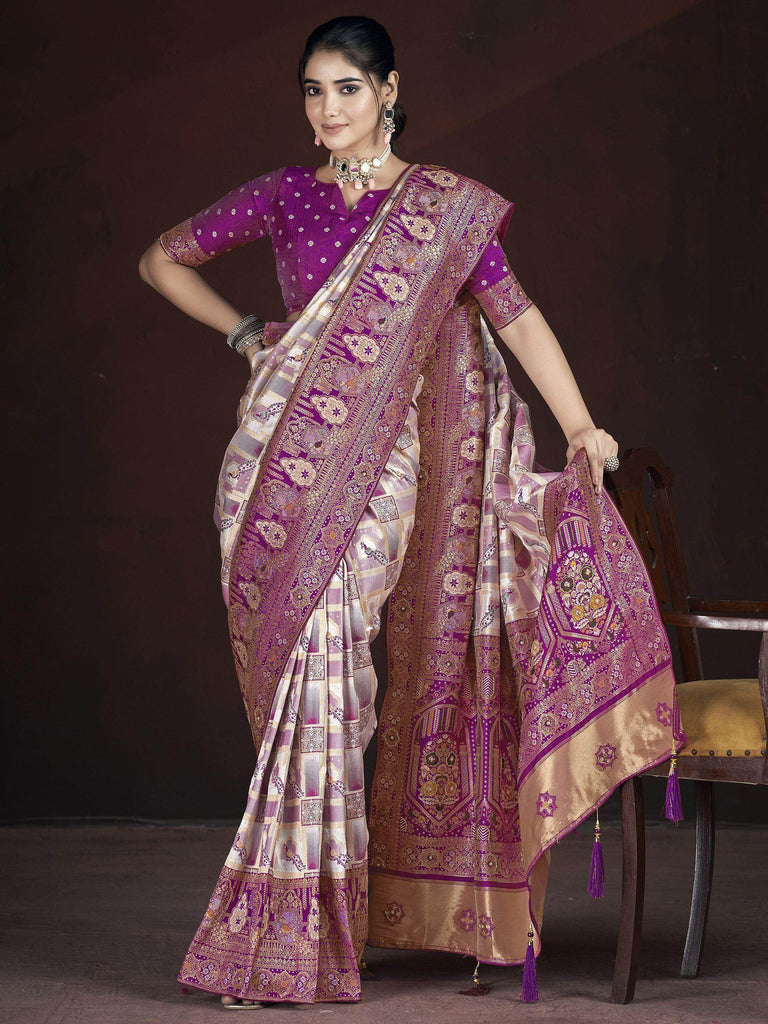 Majestic Cream & Purple Zari Weaving Banarasi Silk Traditional Saree