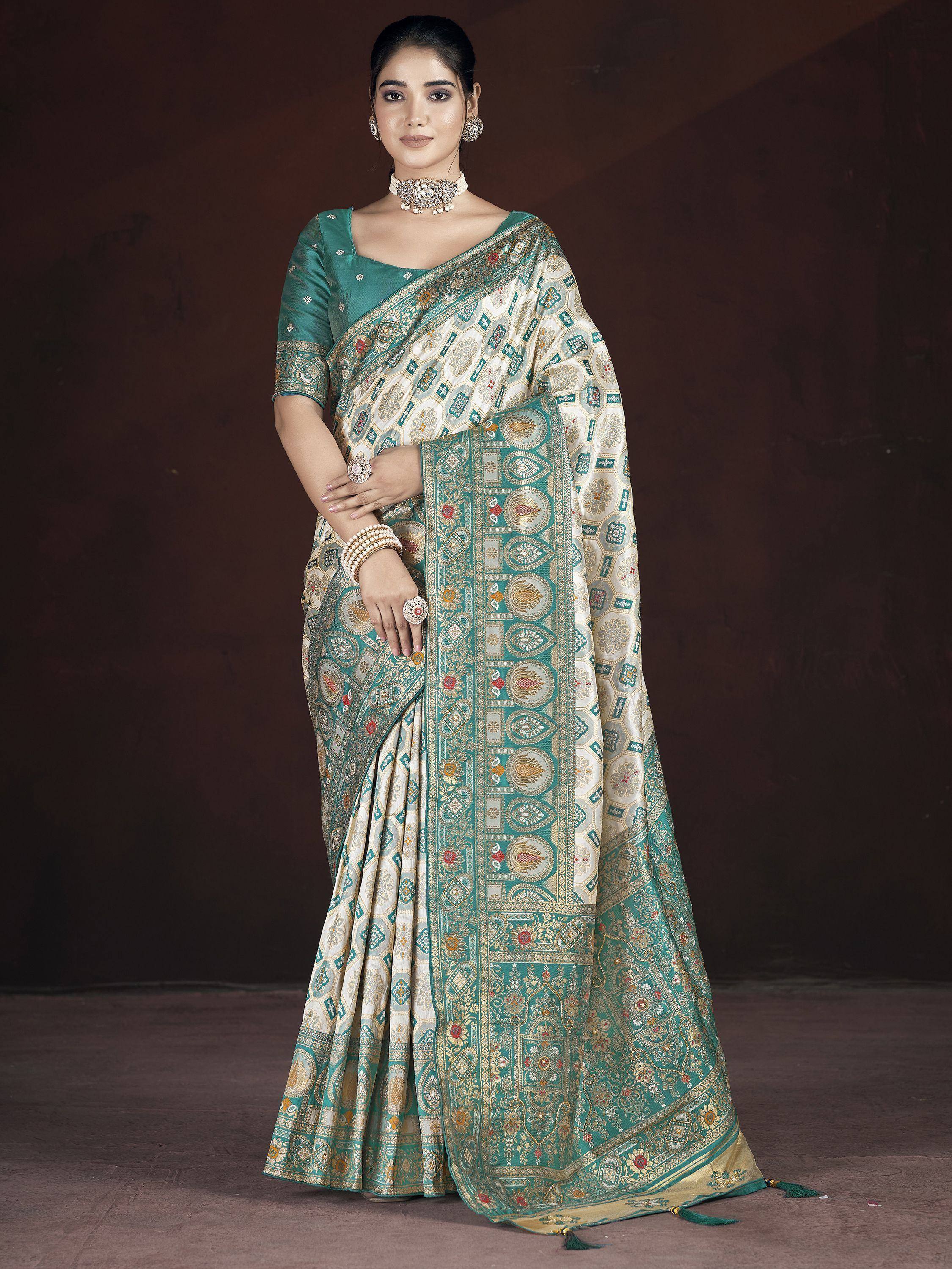 Elegant teal and gold designer saree with intricate patterns, perfect for Indian ethnic wear occasions.