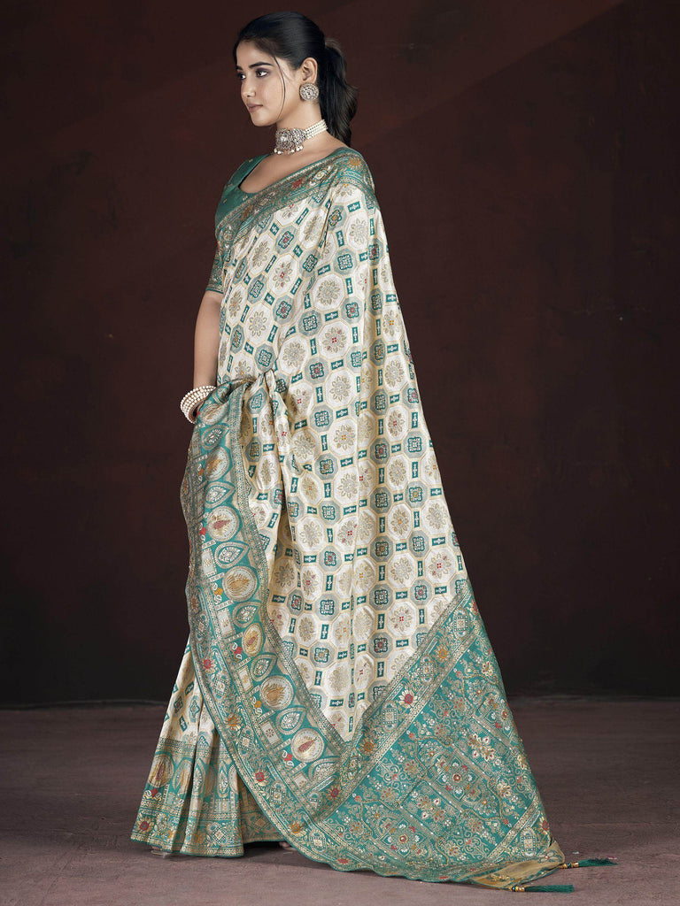 Beautiful Cream & Green Zari Weaving Banarasi Silk Wedding Wear Saree