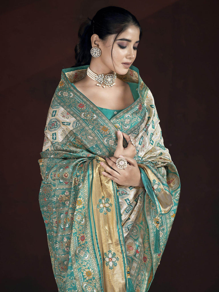 Beautiful Cream & Green Zari Weaving Banarasi Silk Wedding Wear Saree