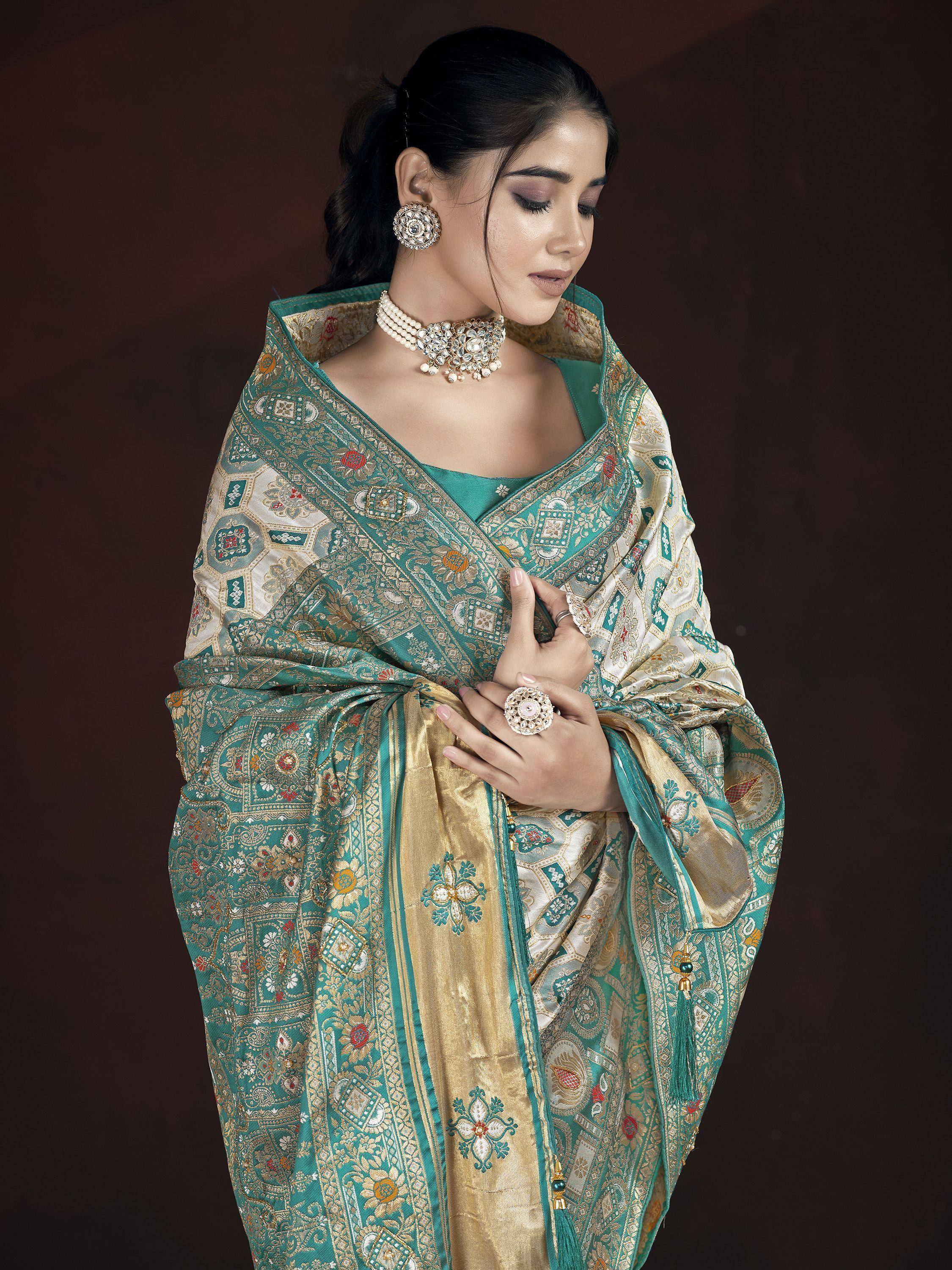 Teal and gold designer saree with intricate embroidery, perfect for Indian ethnic wear and festive occasions.