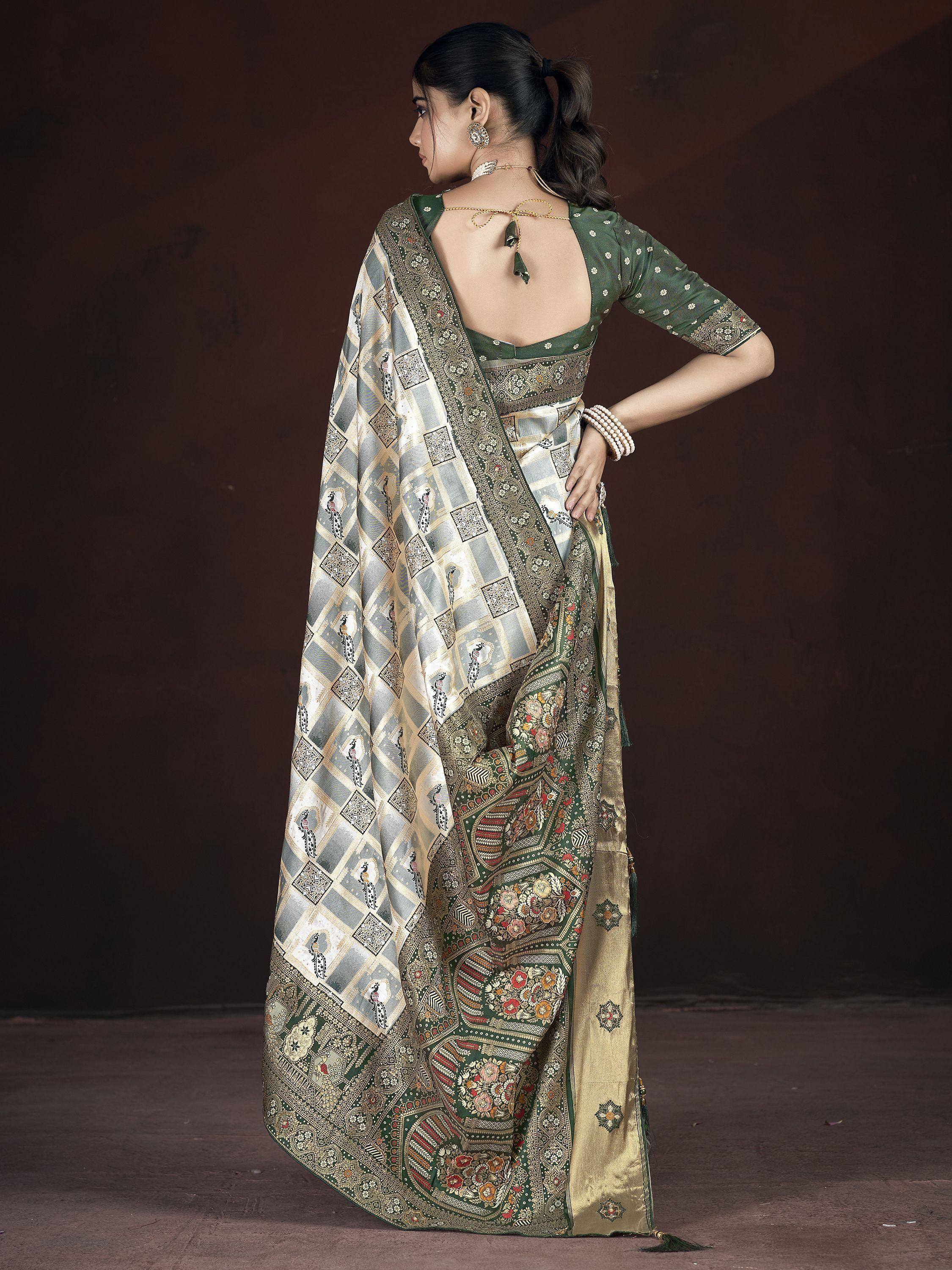Green and gold designer saree with peacock print and backless blouse, ethnic Indian wear