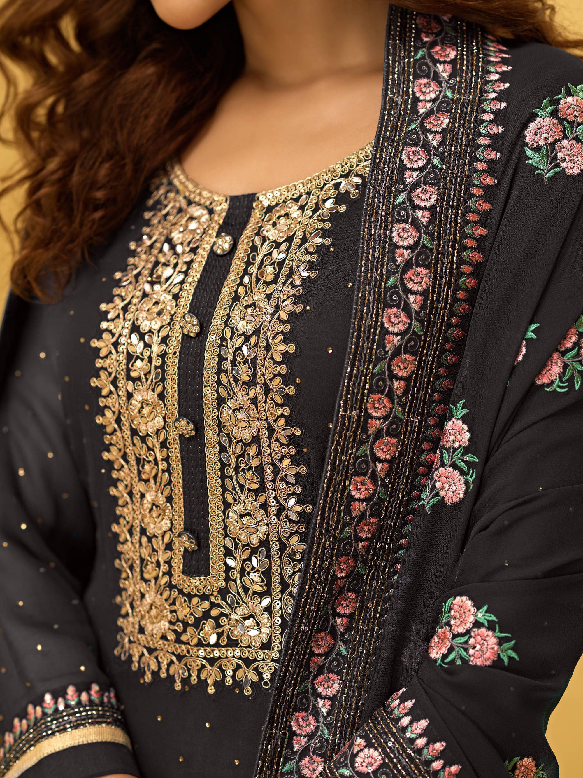 Black salwar kameez with gold embroidery and floral dupatta, Indian ethnic wear