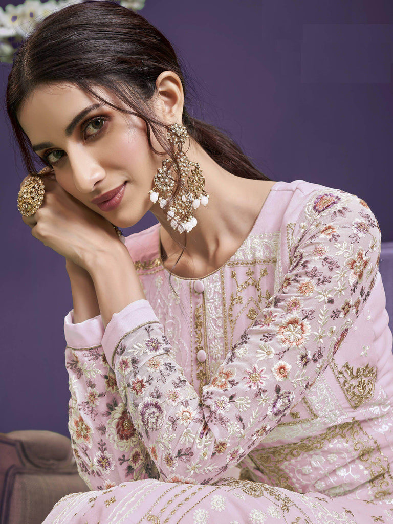 Stunning Light Pink Floral Embroidery Party Wear Salwar Suit