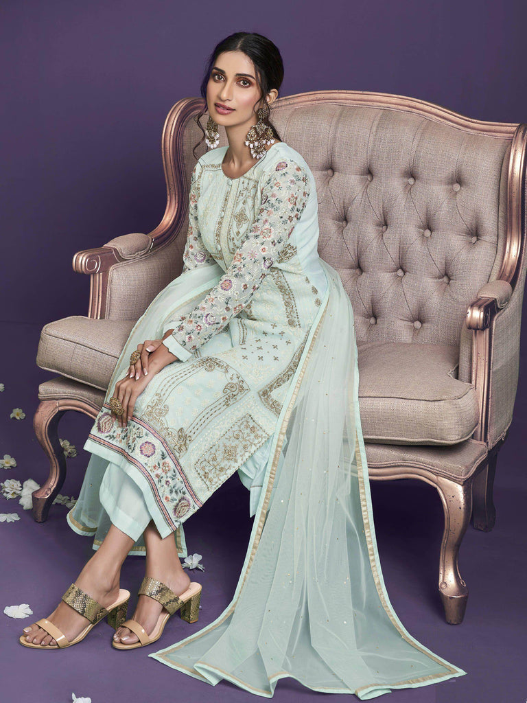 Lovely Sky Blue Floral Embroidery Party Wear Salwar Suit