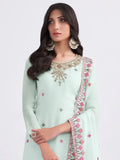 Capricious Sky Blue Thread Embroidery Georgette Sharara Suit