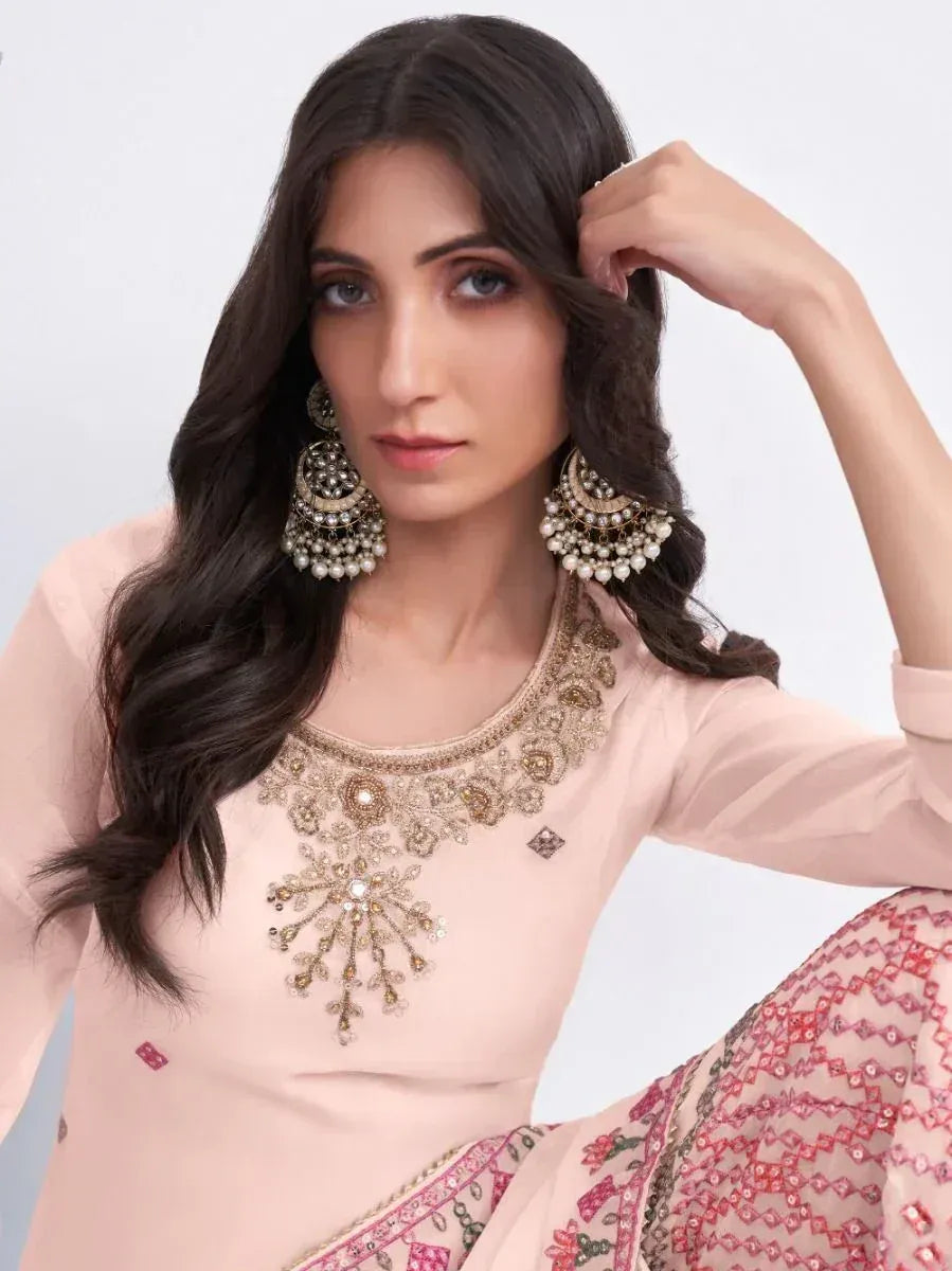 Elegant pink embroidered salwar kameez with intricate neckline and matching jewelry